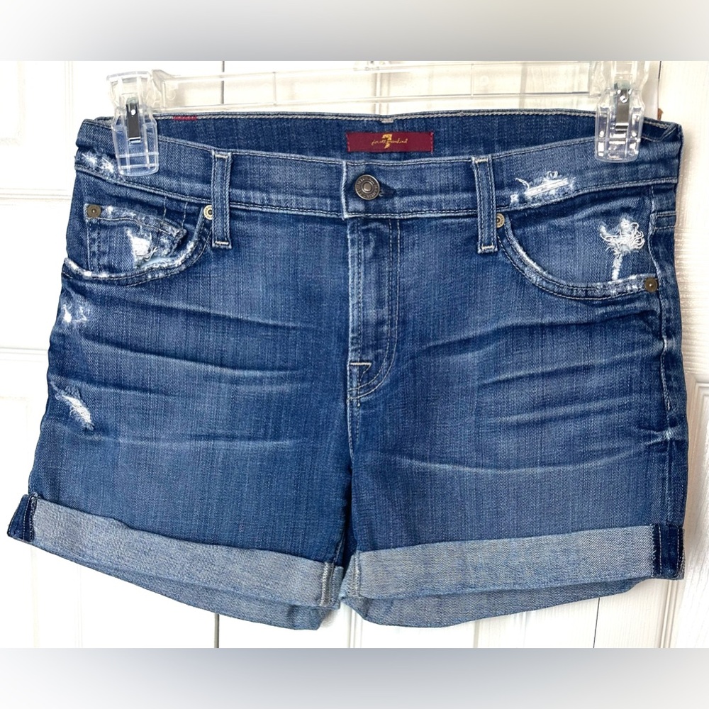 7FAM 7 FOR ALL MANKIND Relaxed Shorts Denim Jean Cuffed Mid Rise Distressed